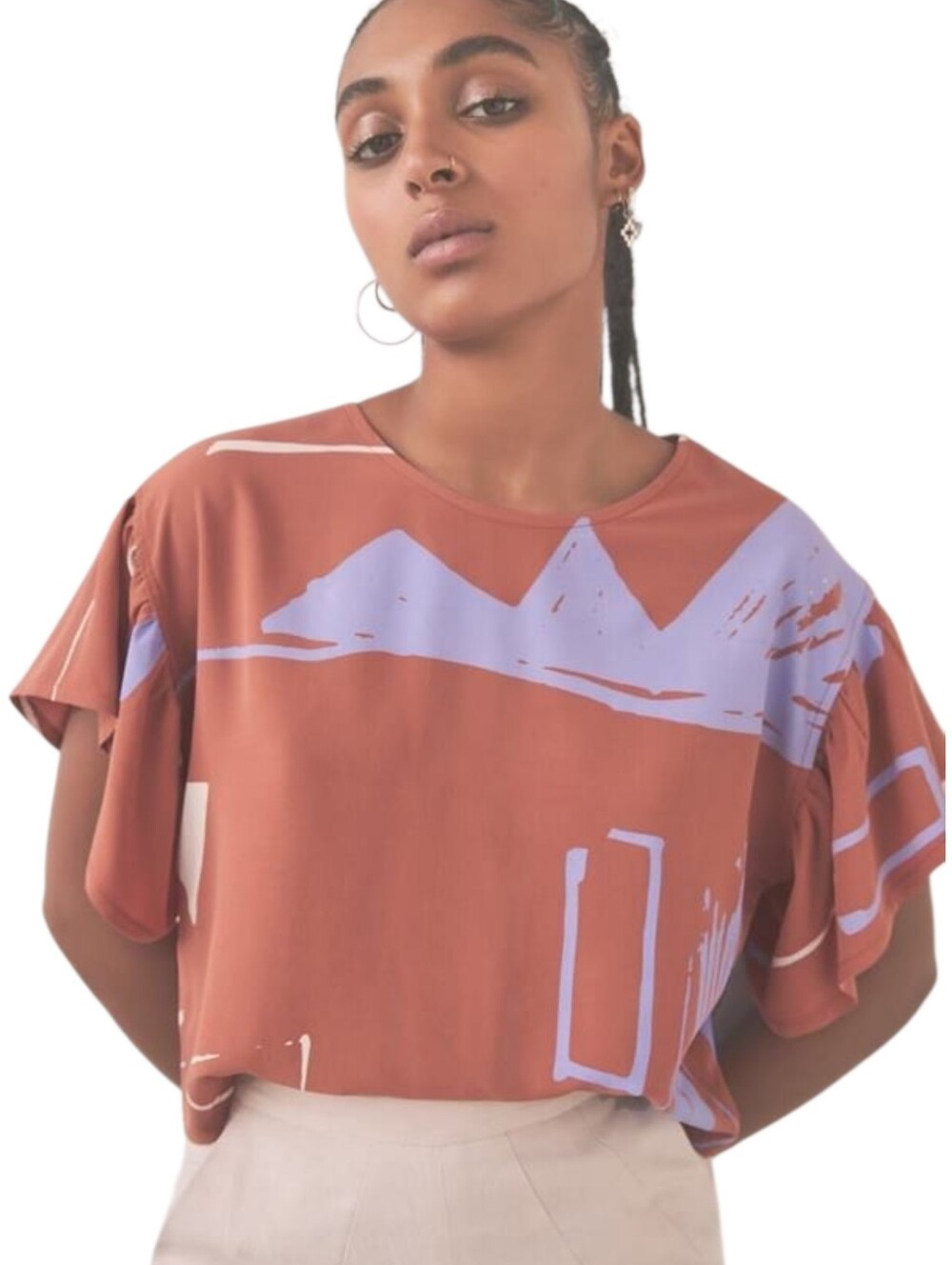Eve Gravel Abstract Print Ruffle Sleeve Top Women Small Rust Viscose